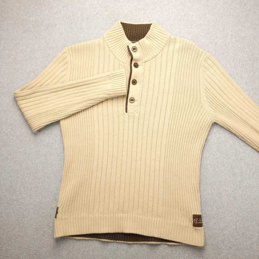 Eddie Bauer Sweater Mens‎ M Beige Ribbed Cotton Mock Neck Henley Knit Pullover - Picture 2 of 11